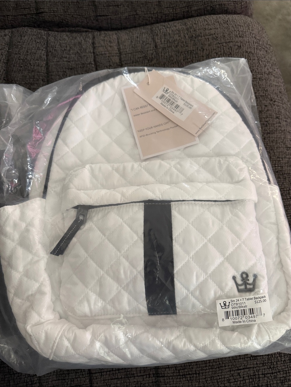 Oliver Thomas White Quilted Backpack with Black Trim